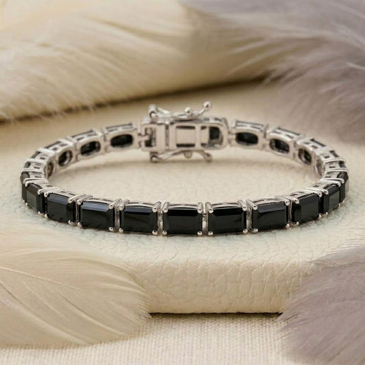 Natural Black Spinel Baguette Cut Bracelet in 925 Sterling Silver.