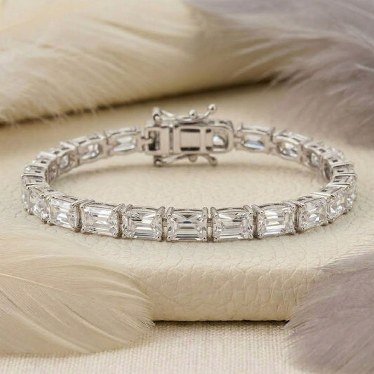 Natural Moissanite Baguette Cut Tennis Bracelet in 925 Sterling Silver.