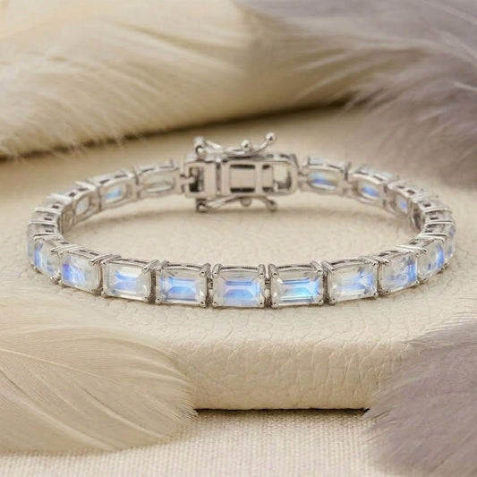 Natural Moonstone Baguette Cut Tennis Bracelet in 925 Sterling Silver.