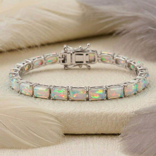 Natural Opal Baguette Cut Tennis Bracelet in 925 Sterling Silver.