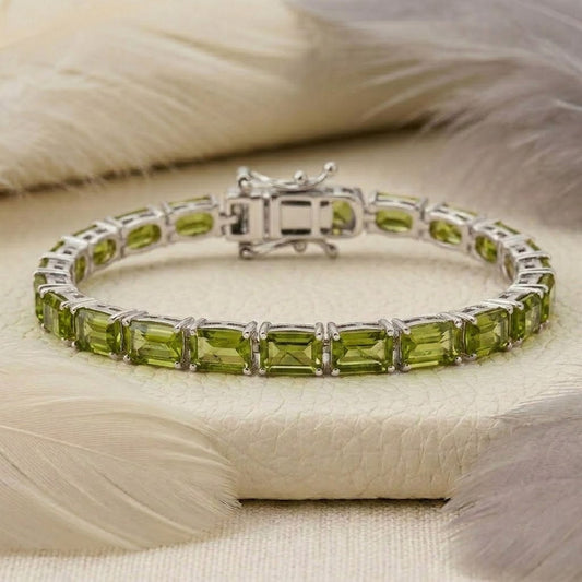 Natural Peridot Baguette Cut Tennis Bracelet in 925 Sterling Silver.