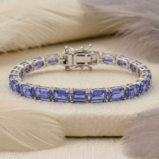 Lab-Grown Tanzanite Baguette Cut Tennis Bracelet in 925 Sterling Silver.