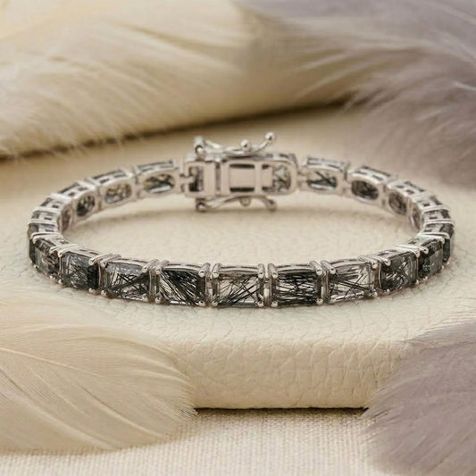 Natural Black Rutilated Baguette Cut Tennis Bracelet in 925 Sterling Silver.