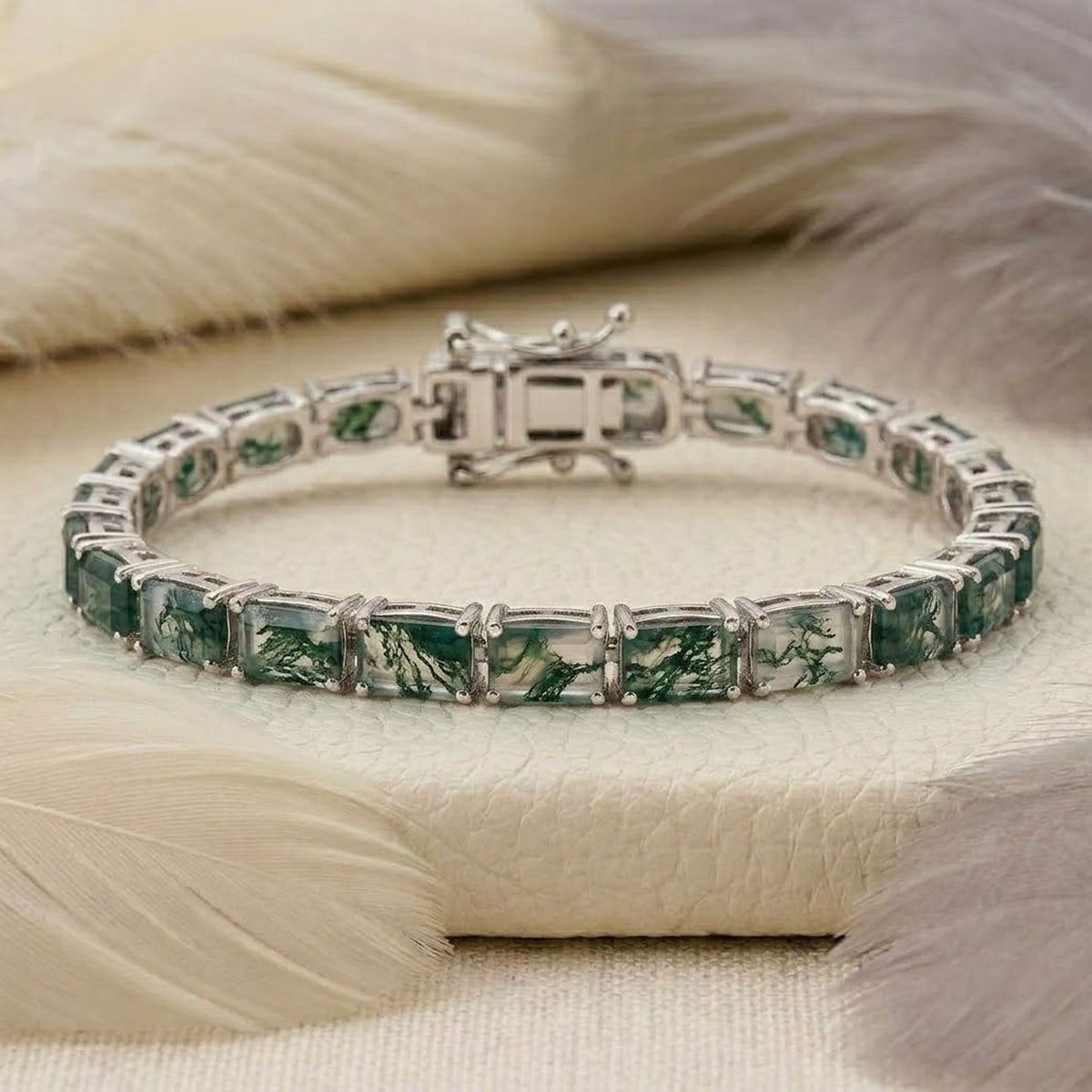 Natural Moss Agate Baguette Cut Tennis Bracelet In 925 Sterling Silver.
