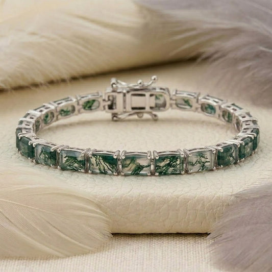 Natural Moss Agate Baguette Cut Tennis Bracelet In 925 Sterling Silver.