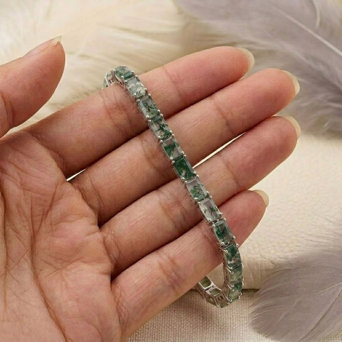 Natural Moss Agate Baguette Cut Tennis Bracelet In 925 Sterling Silver.