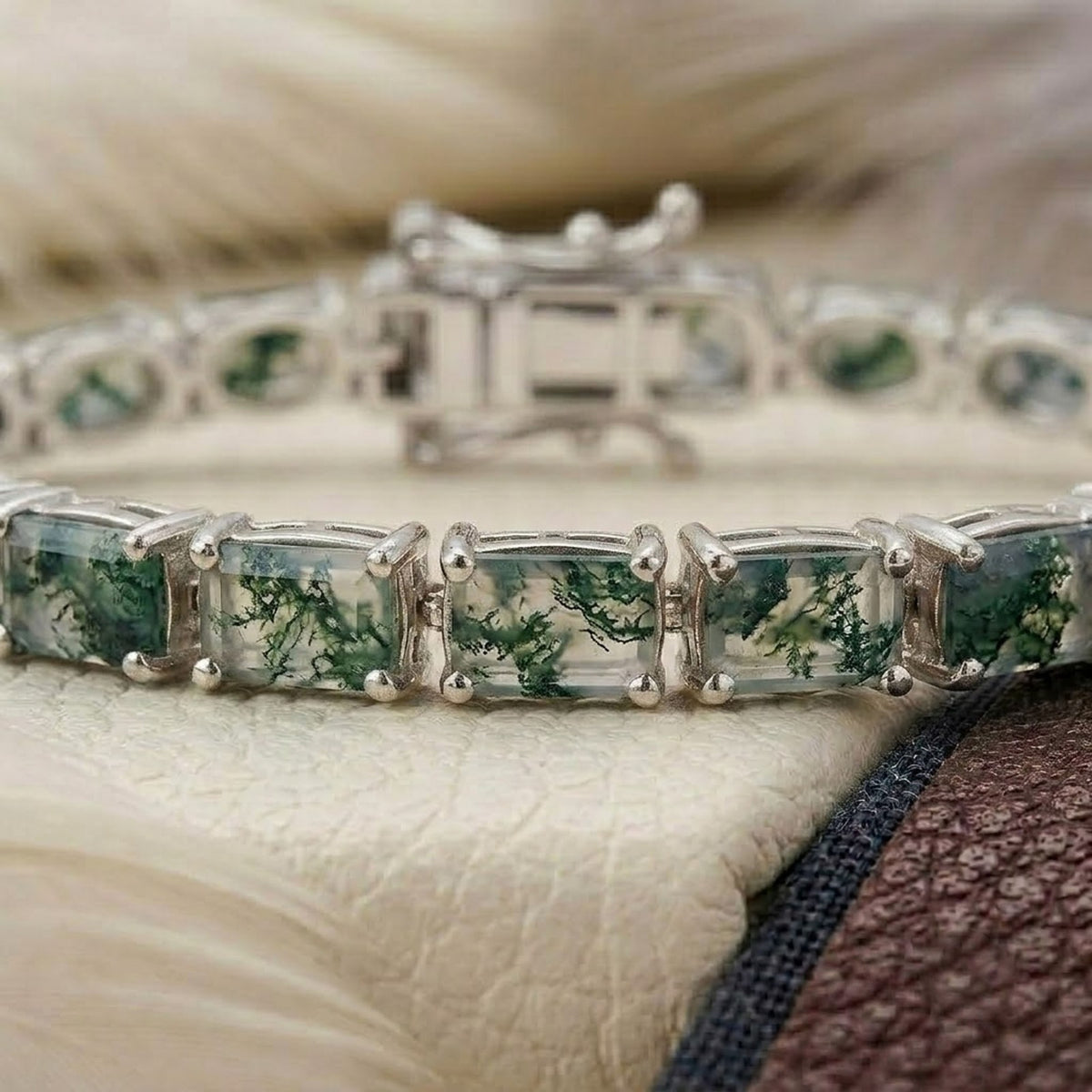 Natural Moss Agate Baguette Cut Tennis Bracelet In 925 Sterling Silver.
