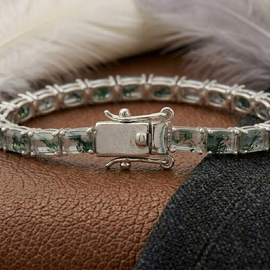Natural Moss Agate Baguette Cut Tennis Bracelet In 925 Sterling Silver.