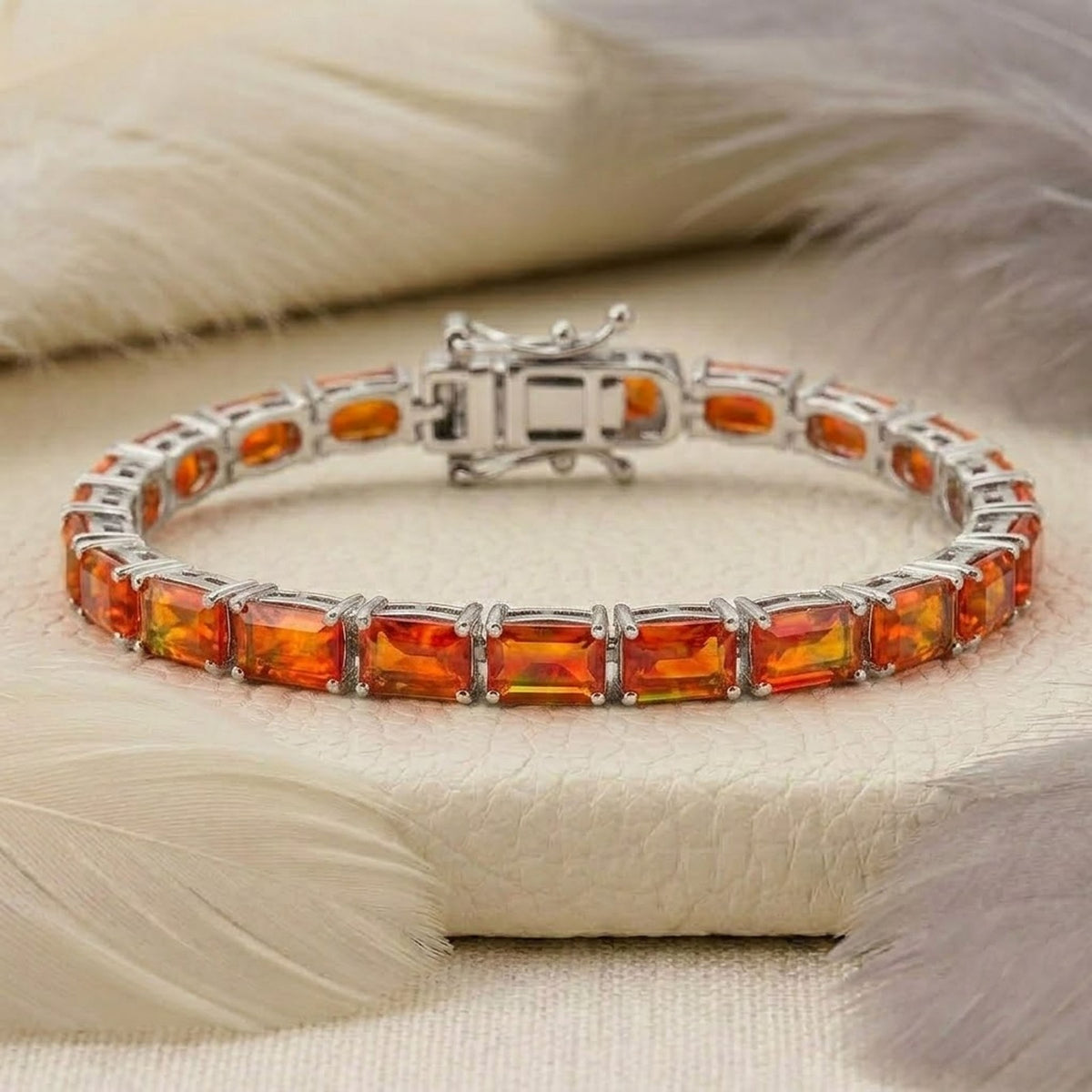 Natural Fire Opal Baguette Cut Tennis Bracelet in 925 Sterling Silver.