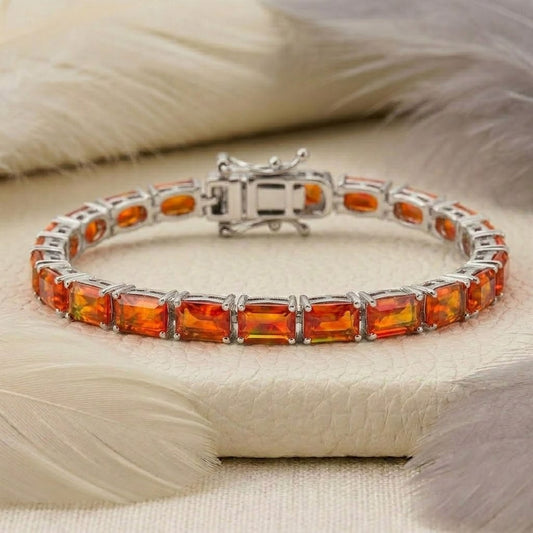 Natural Fire Opal Baguette Cut Tennis Bracelet in 925 Sterling Silver.