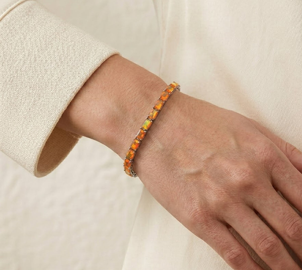 Natural Fire Opal Baguette Cut Tennis Bracelet in 925 Sterling Silver.