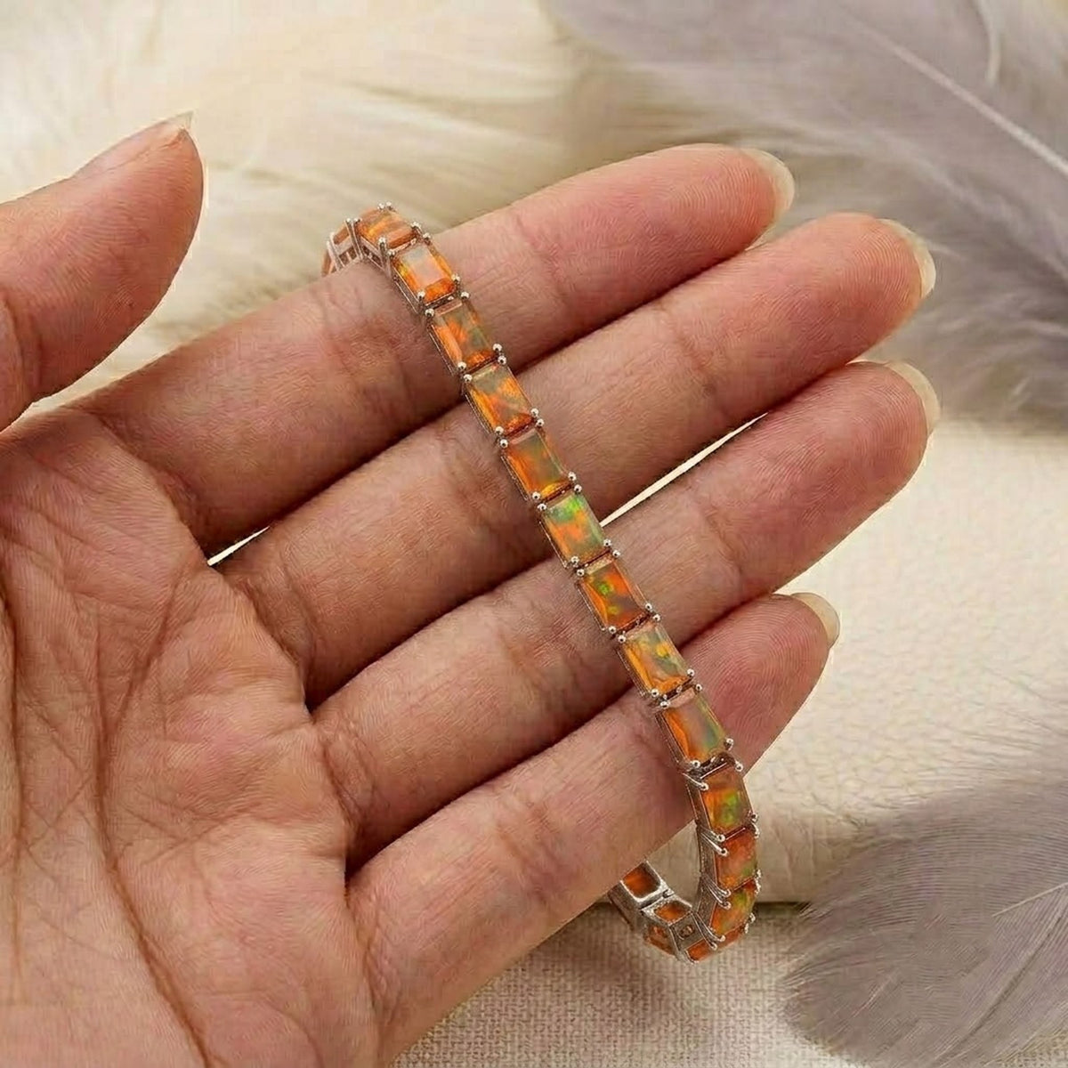 Natural Fire Opal Baguette Cut Tennis Bracelet in 925 Sterling Silver.