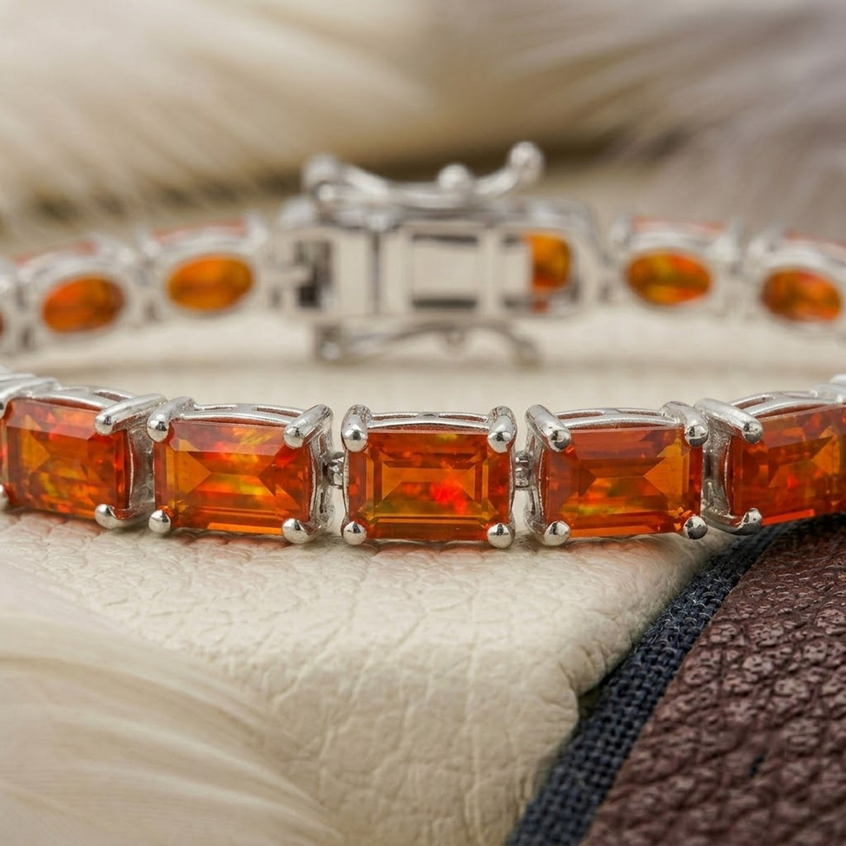Natural Fire Opal Baguette Cut Tennis Bracelet in 925 Sterling Silver.