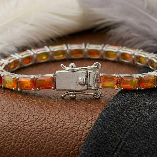Natural Fire Opal Baguette Cut Tennis Bracelet in 925 Sterling Silver.