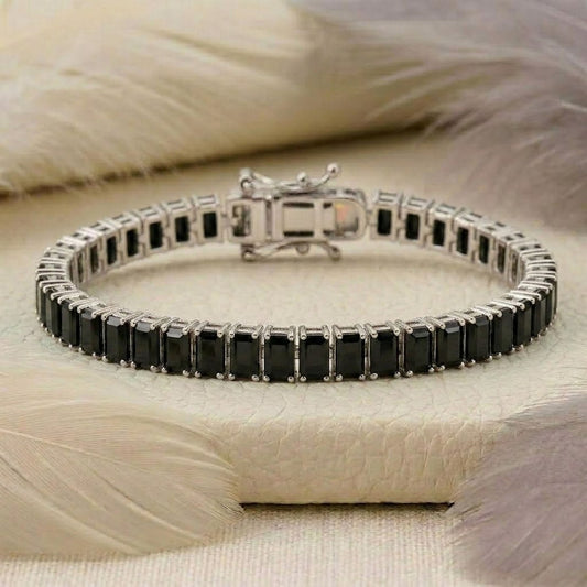 Natural Black Spinel Baguette Cut Tennis Bracelet in 925 Sterling Silver.