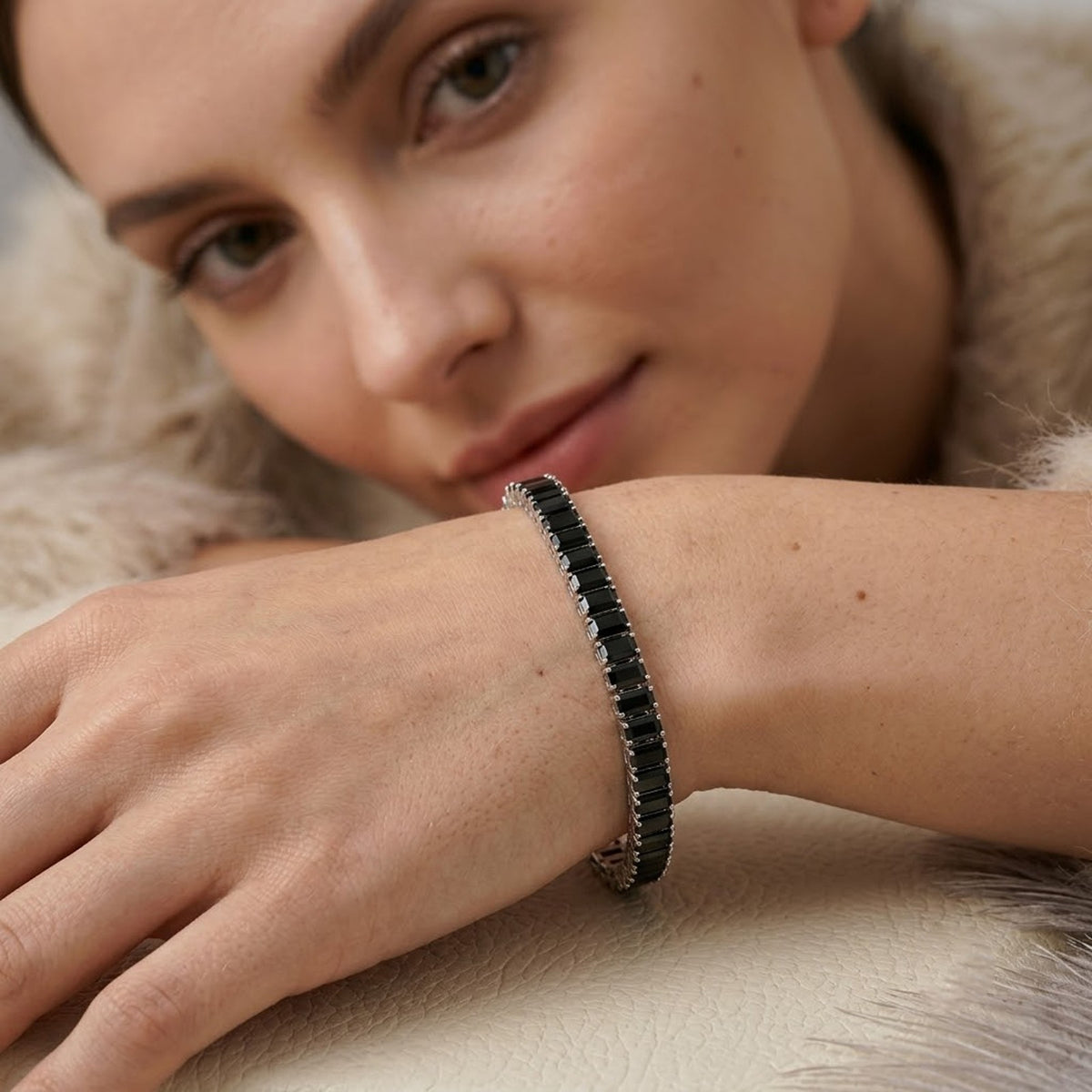 Natural Black Spinel Baguette Cut Tennis Bracelet in 925 Sterling Silver.