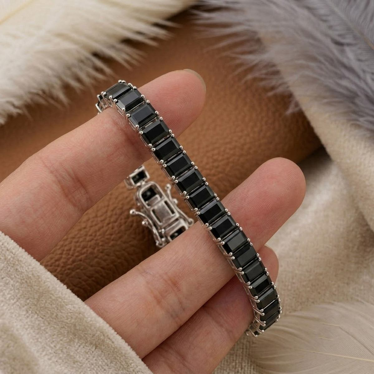 Natural Black Spinel Baguette Cut Tennis Bracelet in 925 Sterling Silver.