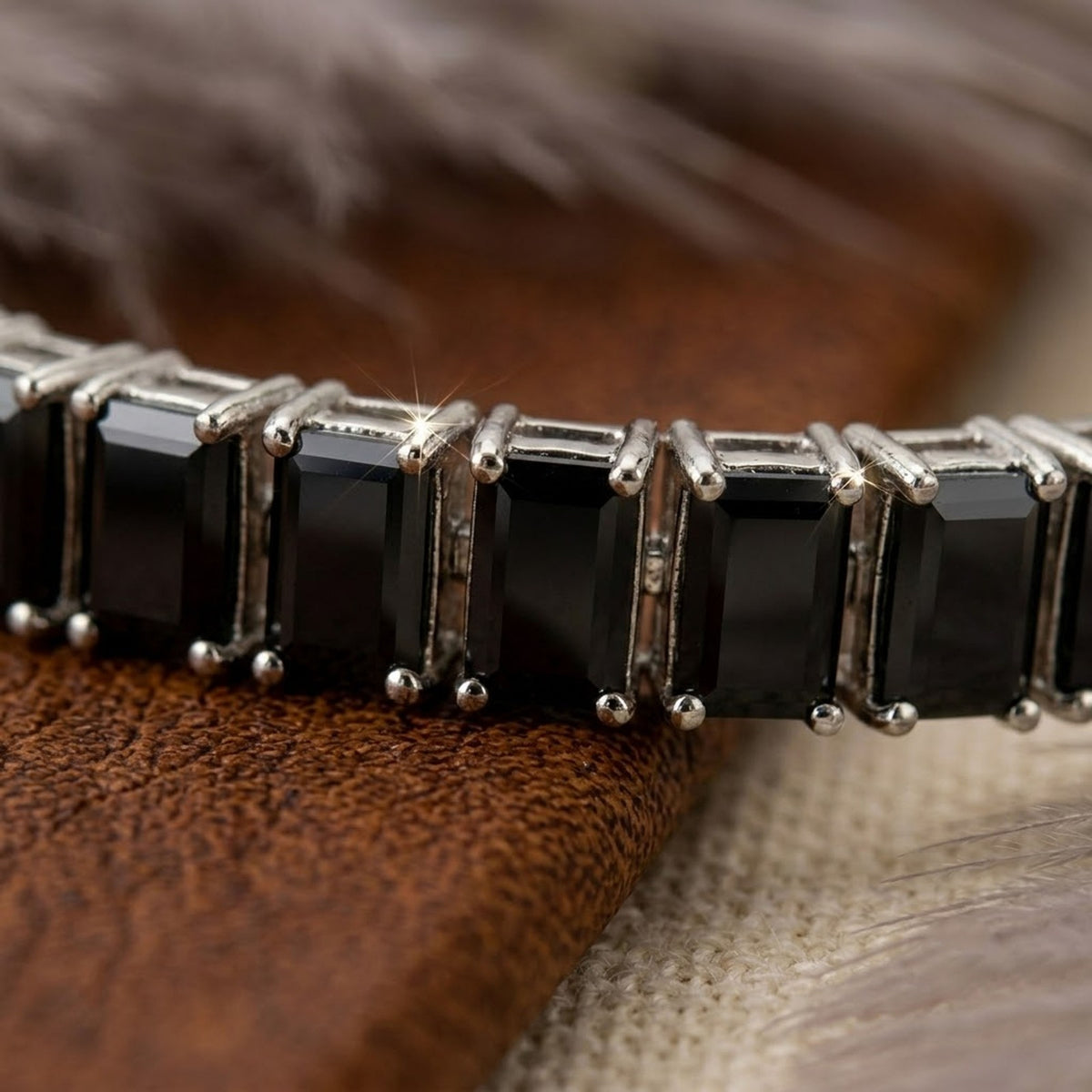 Natural Black Spinel Baguette Cut Tennis Bracelet in 925 Sterling Silver.