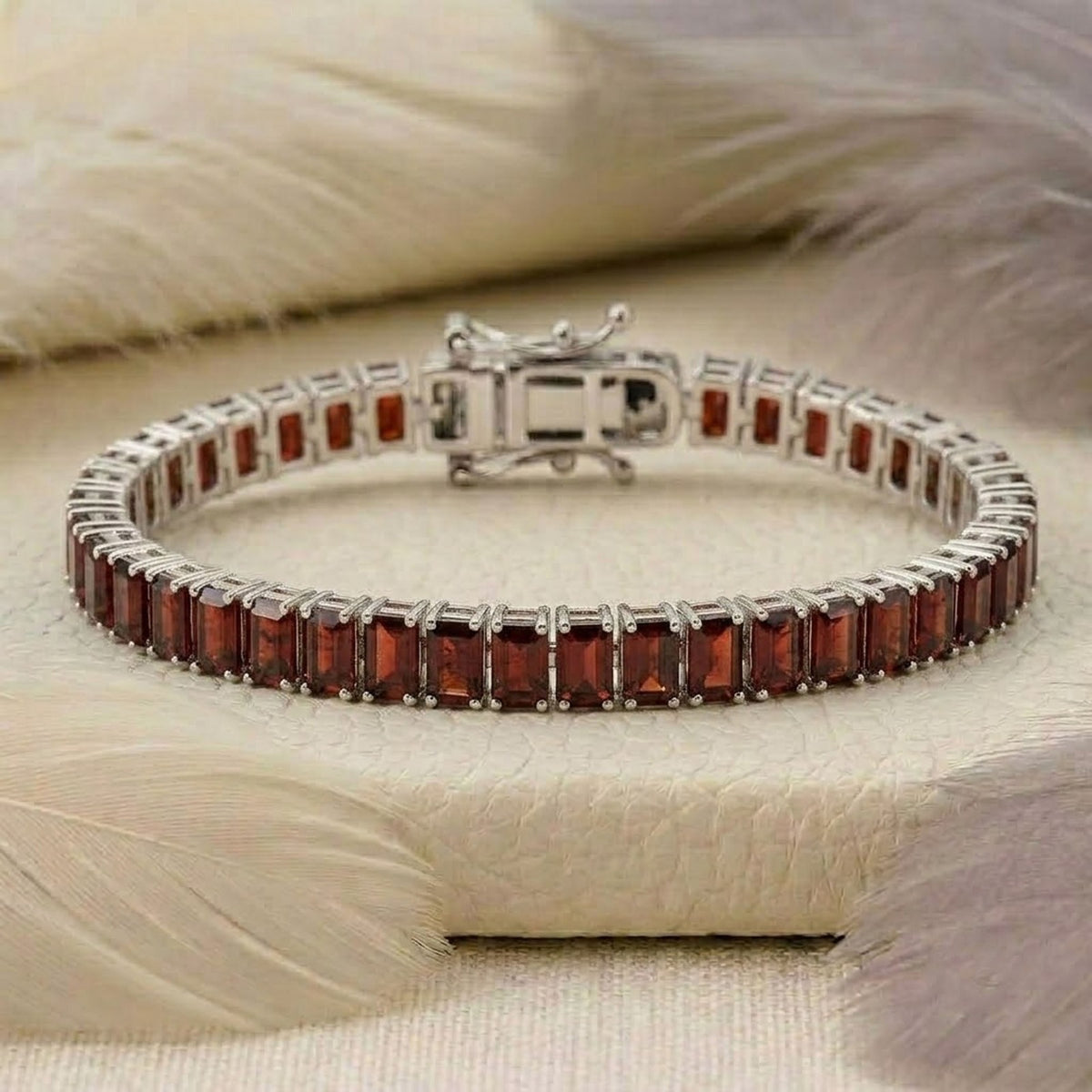 Natural Garnet Baguette Cut Tennis Bracelet in 925 Sterling Silver.
