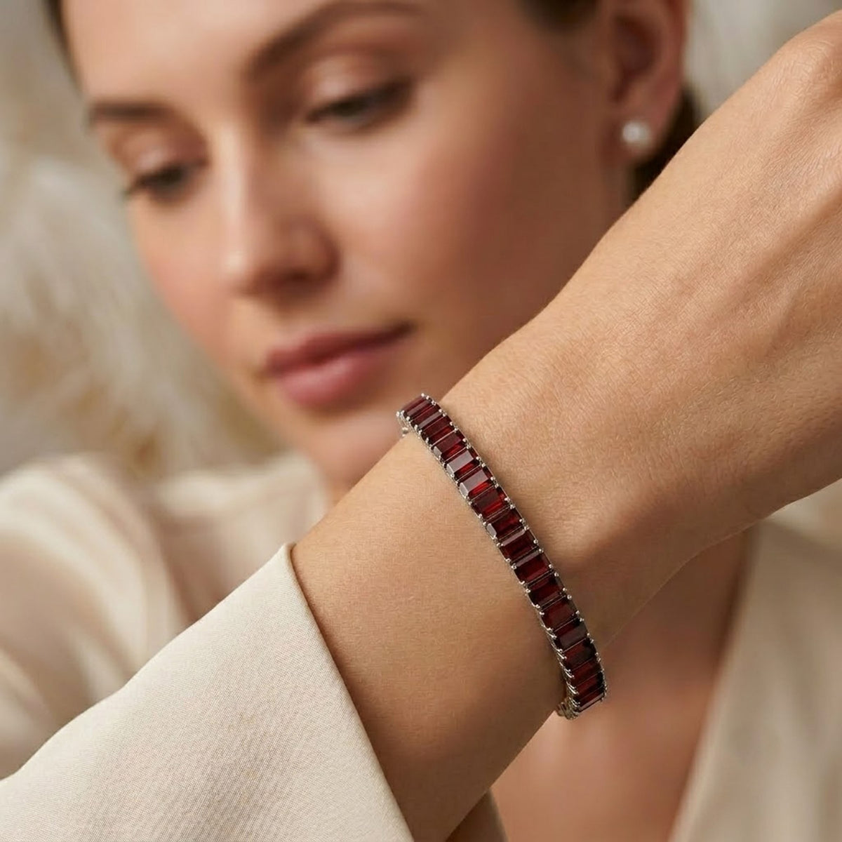 Natural Garnet Baguette Cut Tennis Bracelet in 925 Sterling Silver.