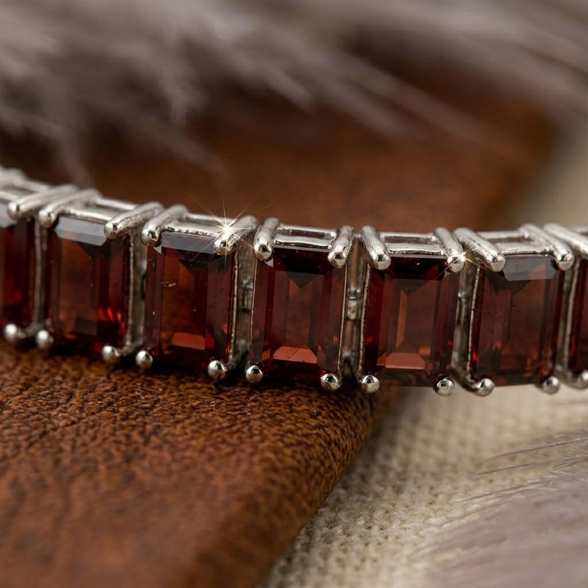 Natural Garnet Baguette Cut Tennis Bracelet in 925 Sterling Silver.