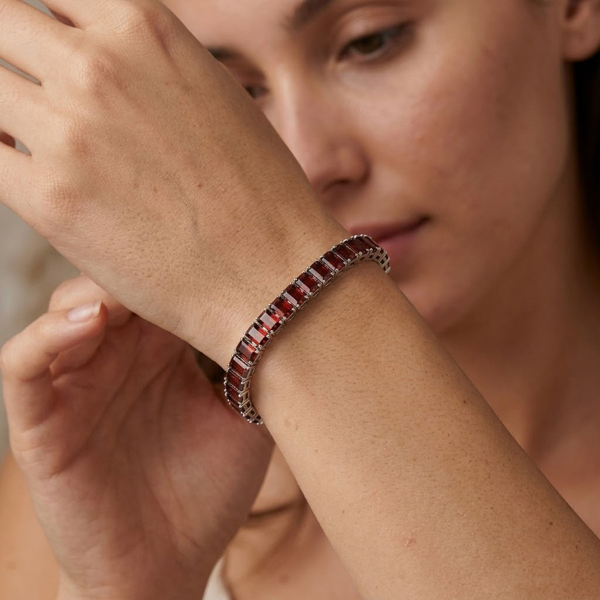 Natural Garnet Baguette Cut Tennis Bracelet in 925 Sterling Silver.