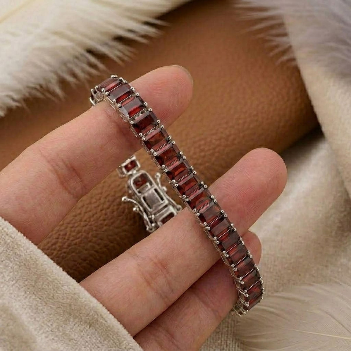 Natural Garnet Baguette Cut Tennis Bracelet in 925 Sterling Silver.