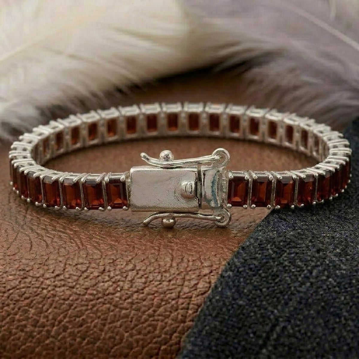Natural Garnet Baguette Cut Tennis Bracelet in 925 Sterling Silver.