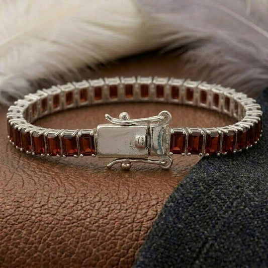 Natural Garnet Baguette Cut Tennis Bracelet in 925 Sterling Silver.