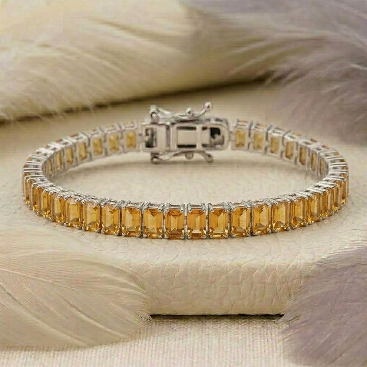 Natural Citrine Baguette Cut Tennis Bracelet In 925 Sterling Silver.