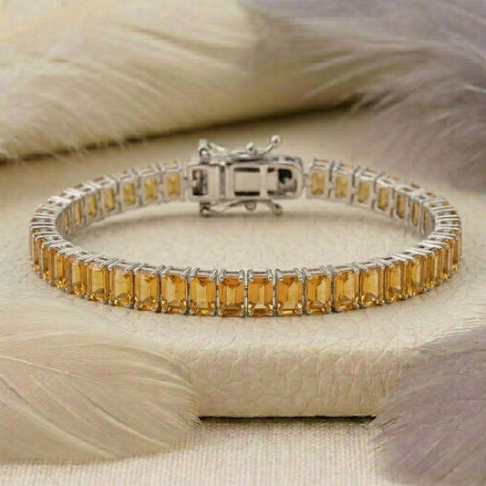 Natural Citrine Baguette Cut Tennis Bracelet In 925 Sterling Silver.