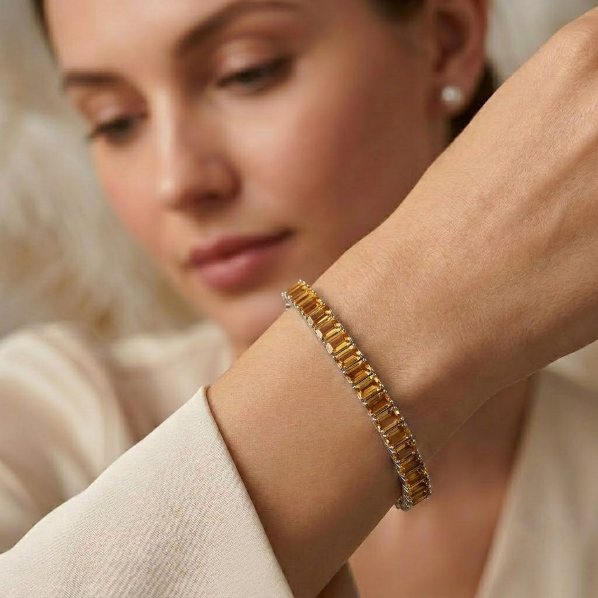 Natural Citrine Baguette Cut Tennis Bracelet In 925 Sterling Silver.