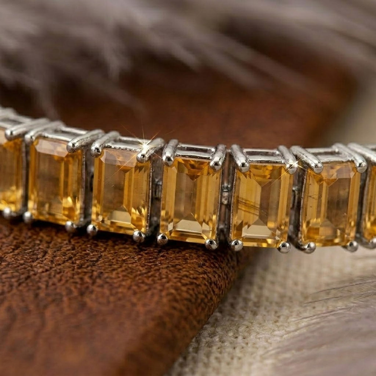 Natural Citrine Baguette Cut Tennis Bracelet In 925 Sterling Silver.
