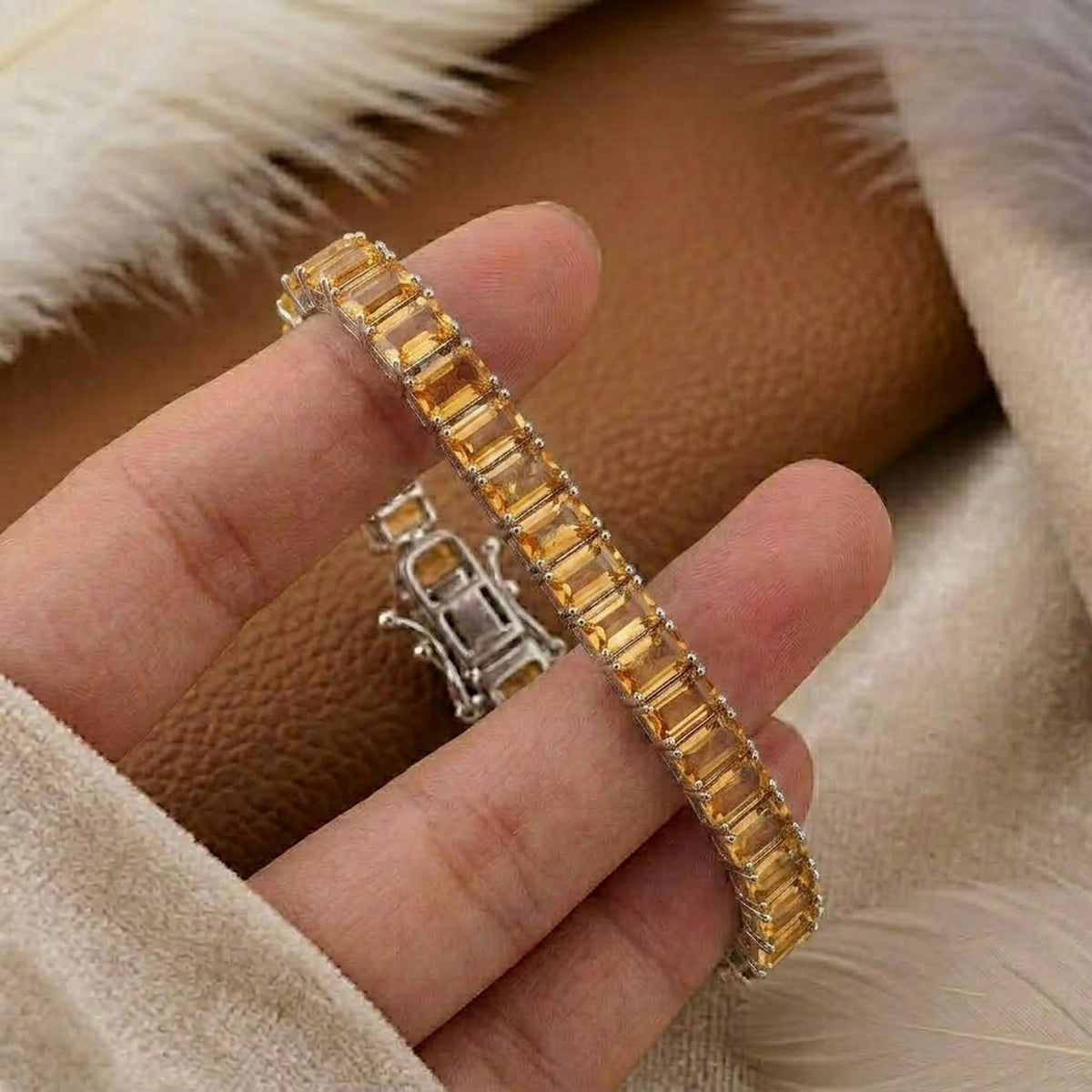 Natural Citrine Baguette Cut Tennis Bracelet In 925 Sterling Silver.
