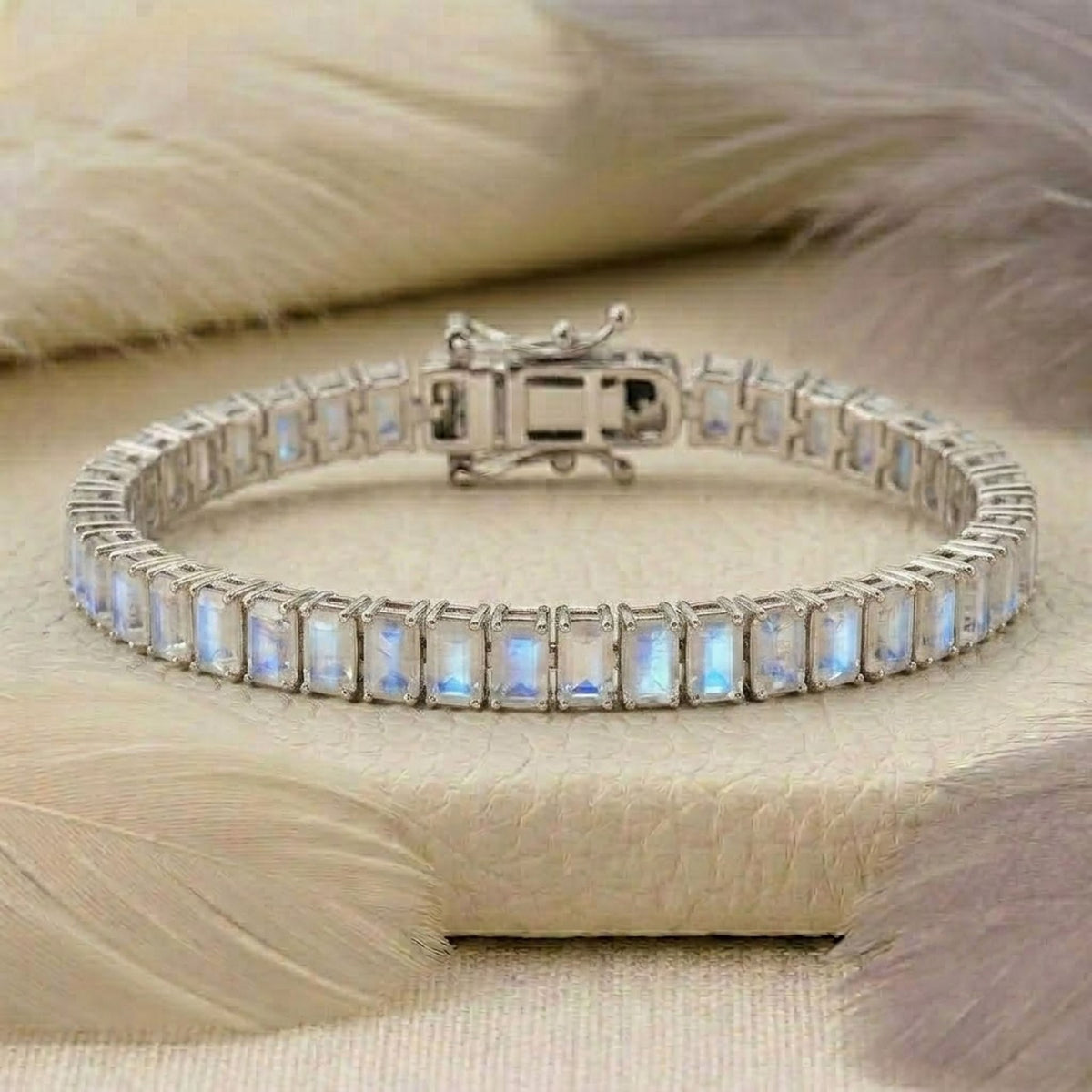 Natural Moonstone Baguette Cut Tennis Bracelet in 925 Sterling Silver.