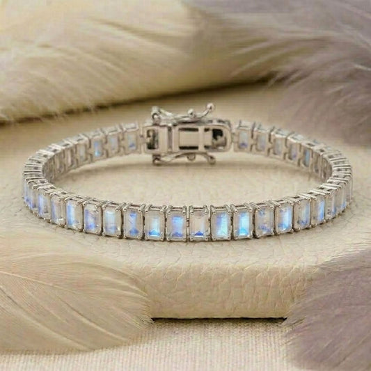 Natural Moonstone Baguette Cut Tennis Bracelet in 925 Sterling Silver.