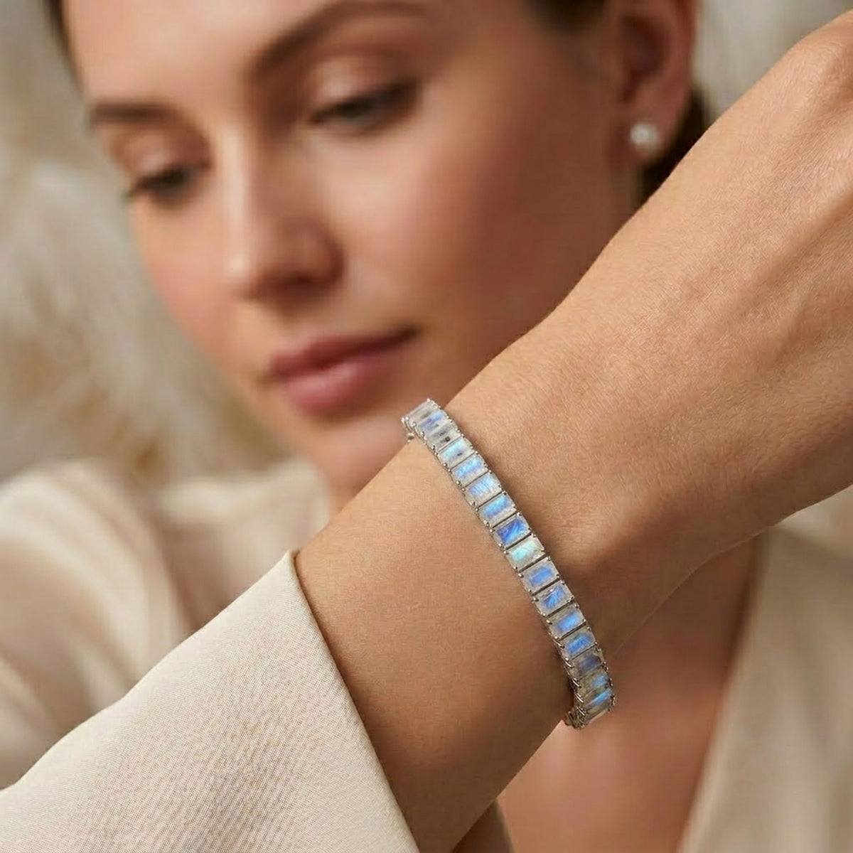 Natural Moonstone Baguette Cut Tennis Bracelet in 925 Sterling Silver.