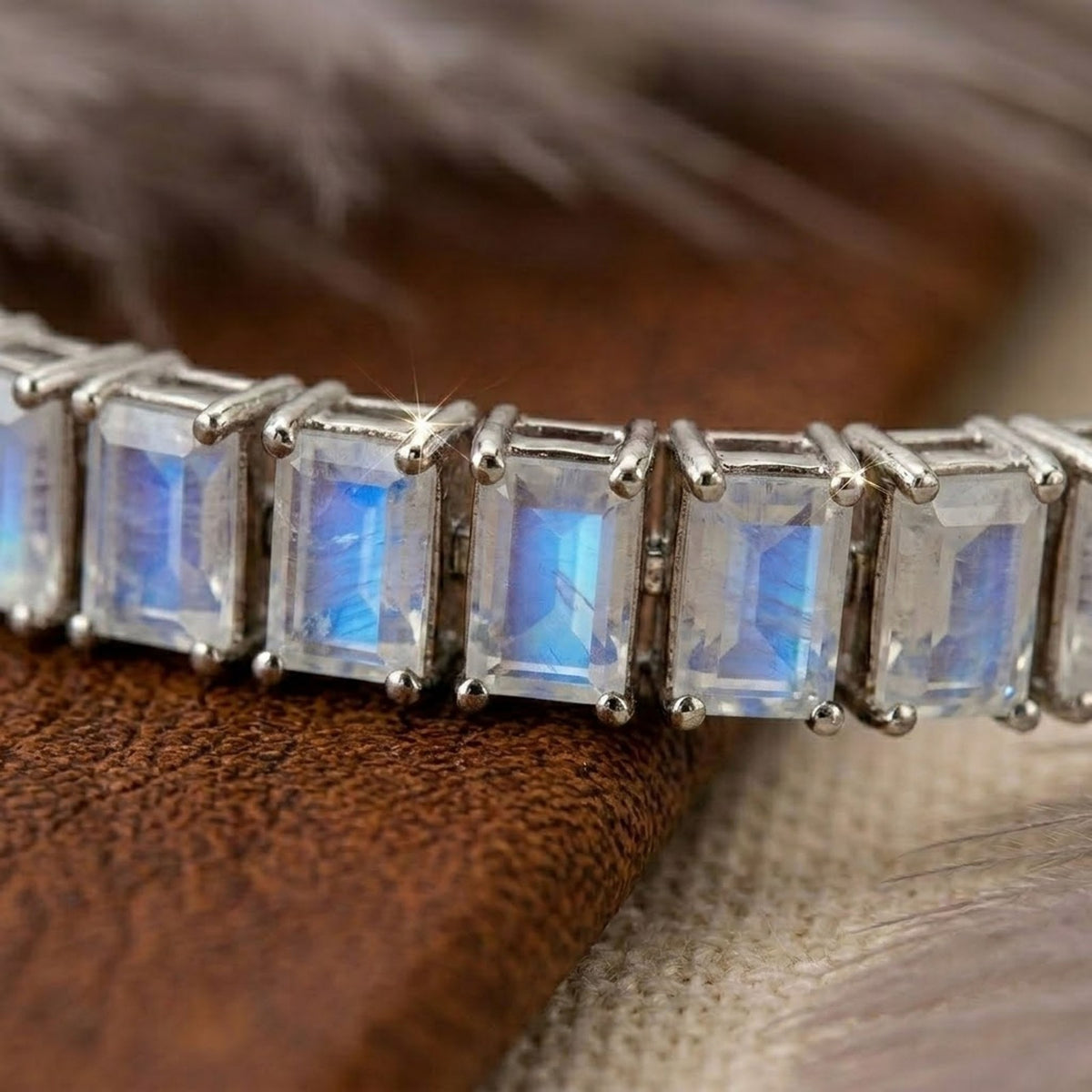 Natural Moonstone Baguette Cut Tennis Bracelet in 925 Sterling Silver.