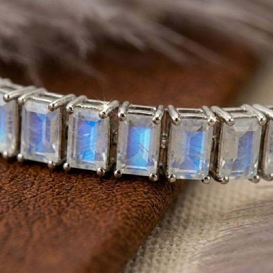 Natural Moonstone Baguette Cut Tennis Bracelet in 925 Sterling Silver.