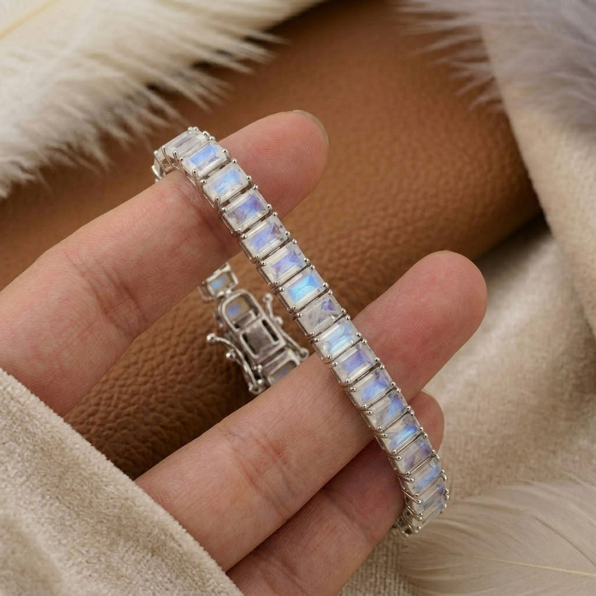 Natural Moonstone Baguette Cut Tennis Bracelet in 925 Sterling Silver.