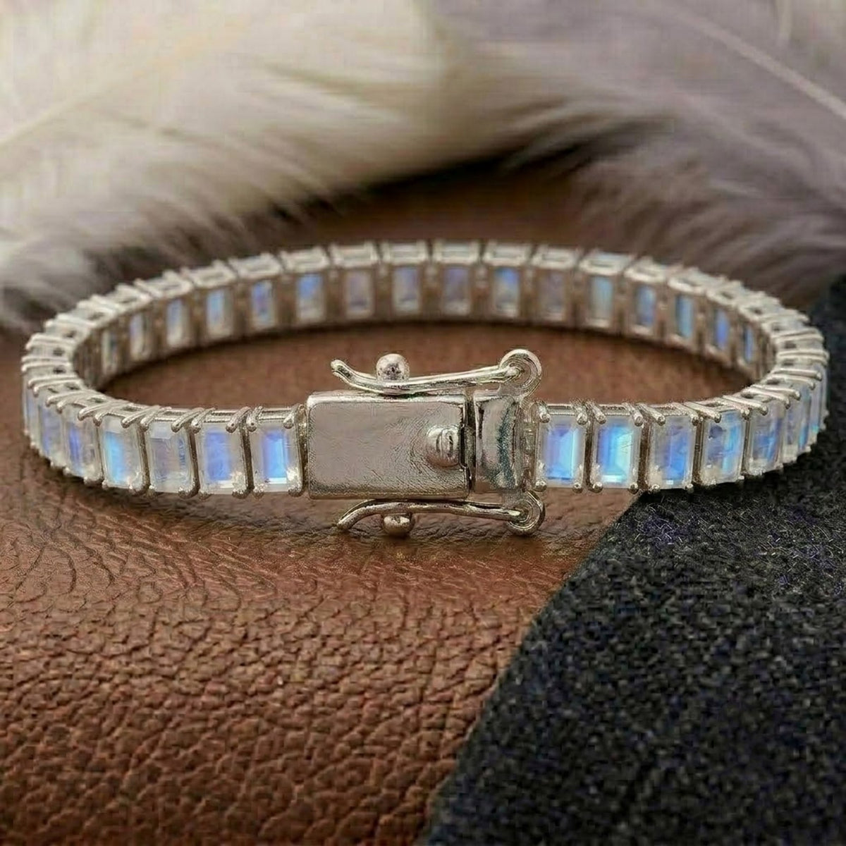 Natural Moonstone Baguette Cut Tennis Bracelet in 925 Sterling Silver.