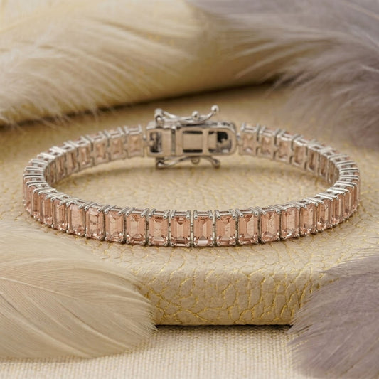 Lab-Grown Morganite Baguette Cut Bracelet in 925 Sterling Silver.