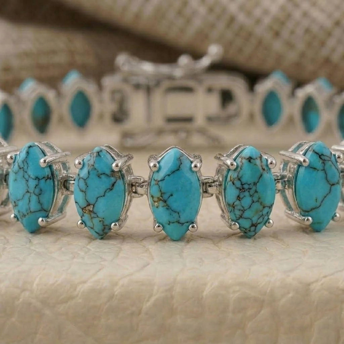 Natural Turquoise Tennis Bracelet - 925 Sterling Silver For Woman.