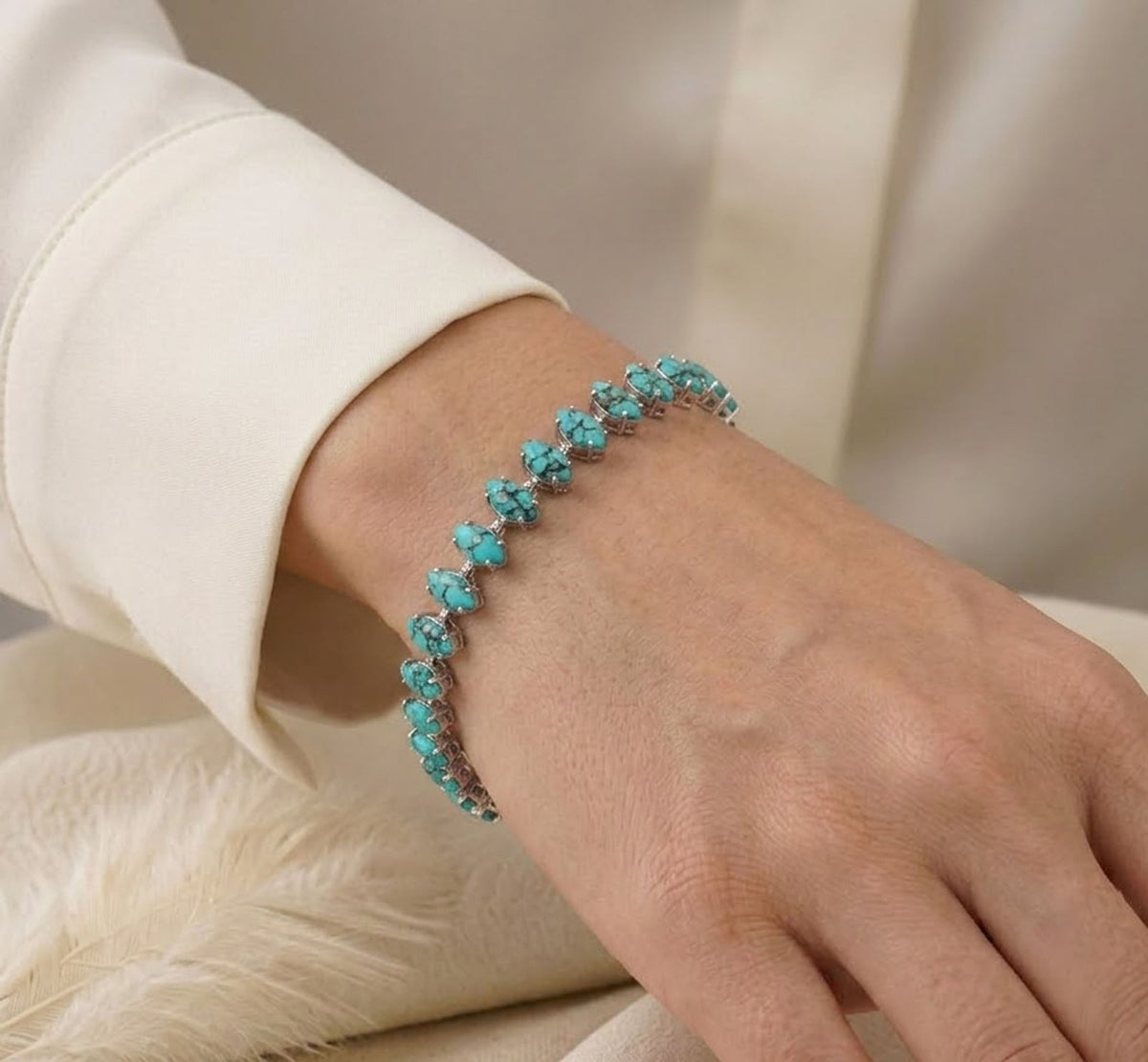 Natural Turquoise Tennis Bracelet - 925 Sterling Silver For Woman.