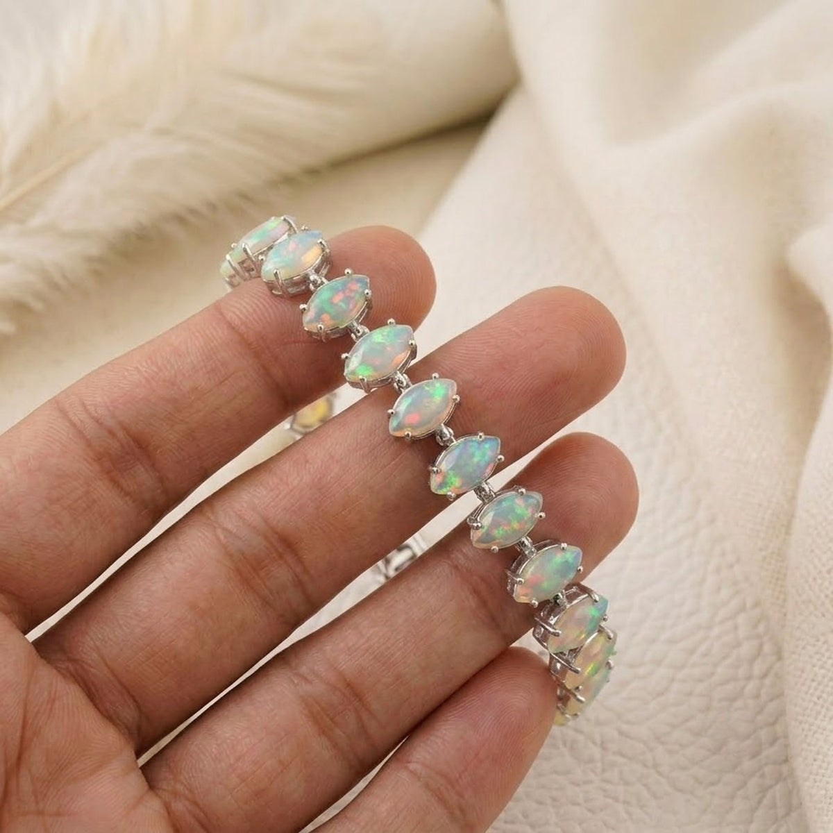 Natural Opal Tennis Bracelet - 925 Sterling Silver For Woman.