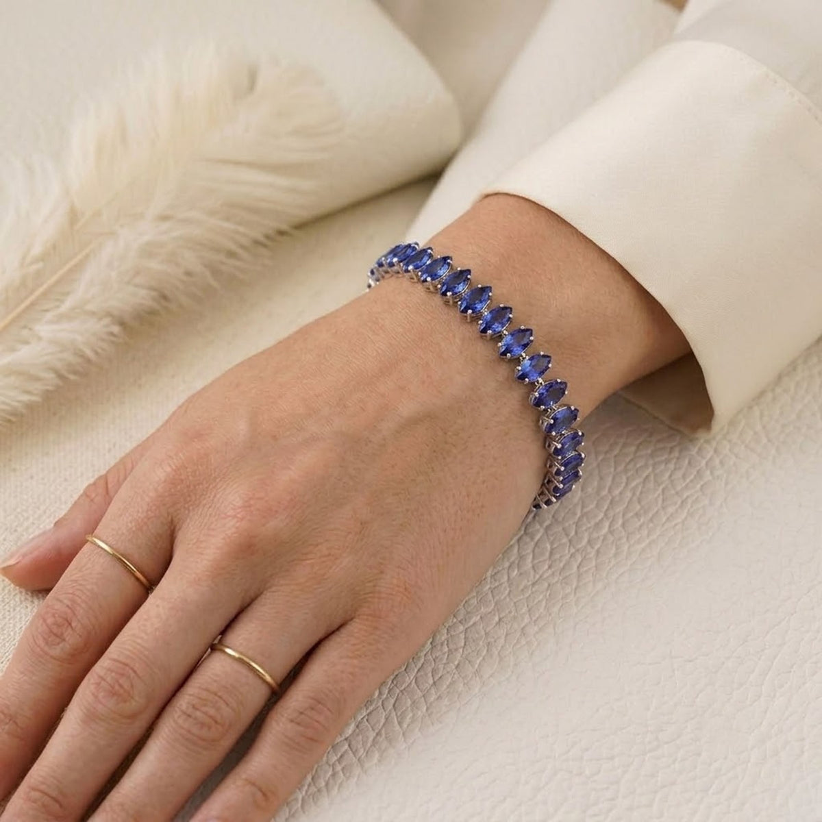 Handmade Lab-Grown Tenzanite Tennis Bracelet, Marquise Cut 925 Sterling Silver, Minimalist Fine Jewelry