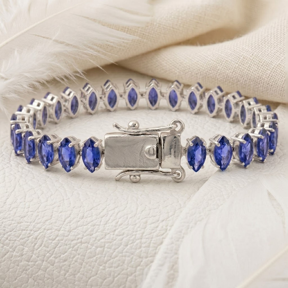 Handmade Lab-Grown Tenzanite Tennis Bracelet, Marquise Cut 925 Sterling Silver, Minimalist Fine Jewelry