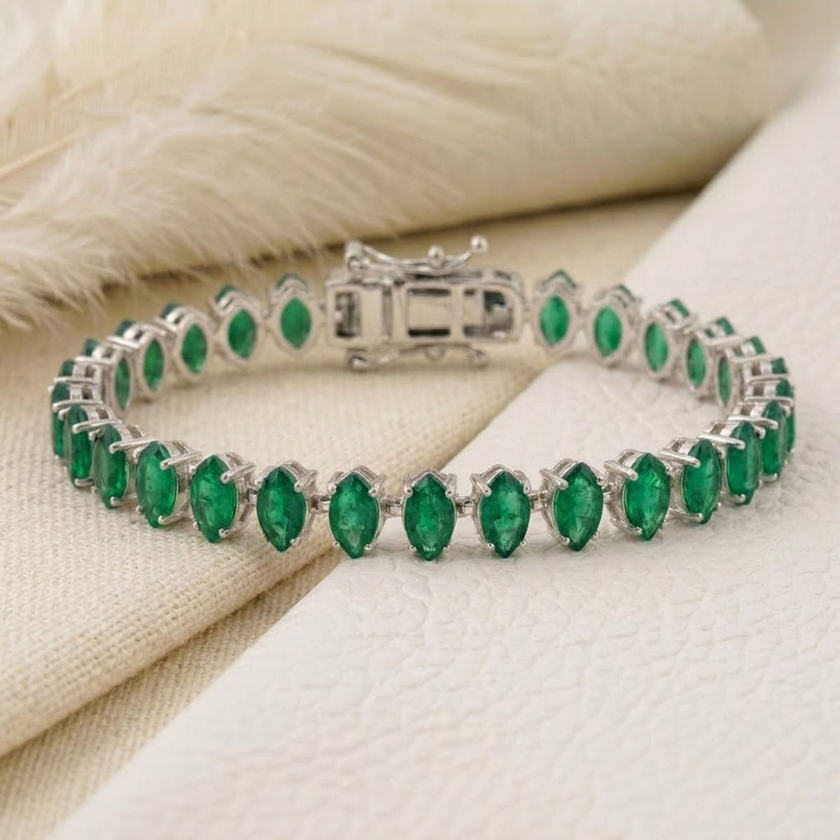 Handmade Lab-Grown Emerald Tennis Bracelet, 6x3mm Marquise Cut 925 Sterling Silver, Minimalist Fine Jewelry