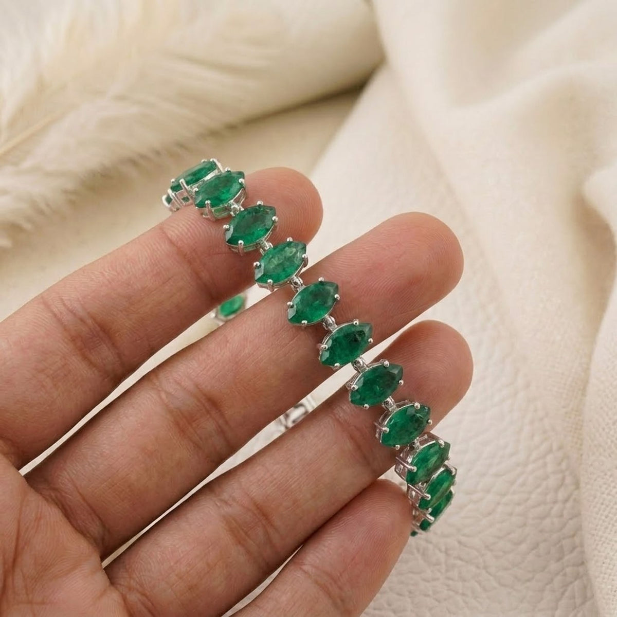 Handmade Lab-Grown Emerald Tennis Bracelet, 6x3mm Marquise Cut 925 Sterling Silver, Minimalist Fine Jewelry