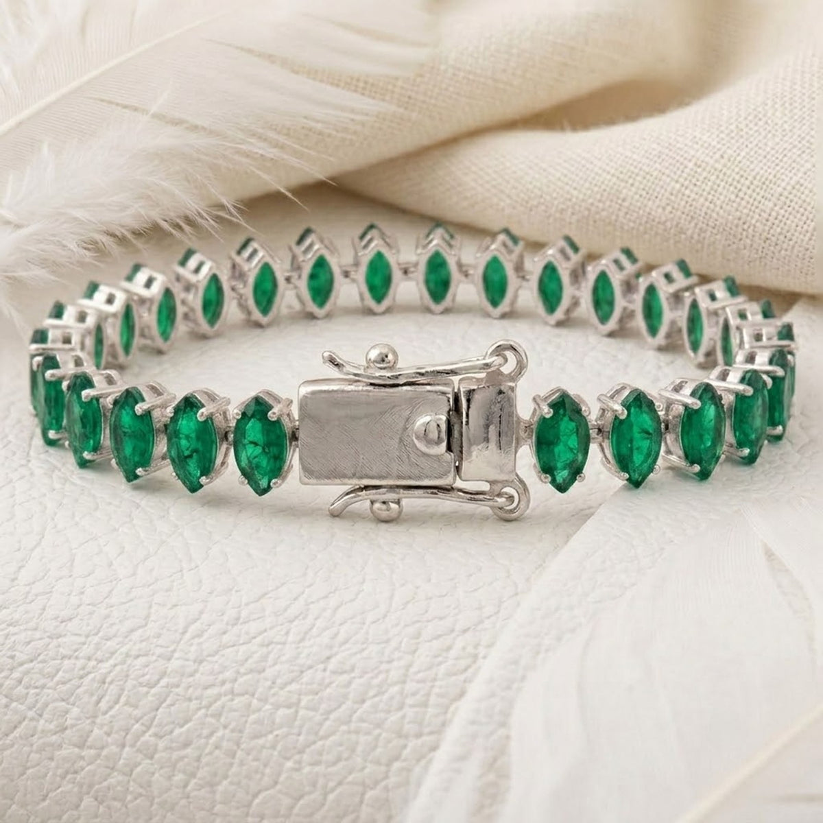 Handmade Lab-Grown Emerald Tennis Bracelet, 6x3mm Marquise Cut 925 Sterling Silver, Minimalist Fine Jewelry